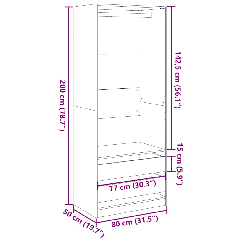 Modern Wooden 80cm Open Tall Bedroom Wardrobe With 2 Drawers Hanging Rail