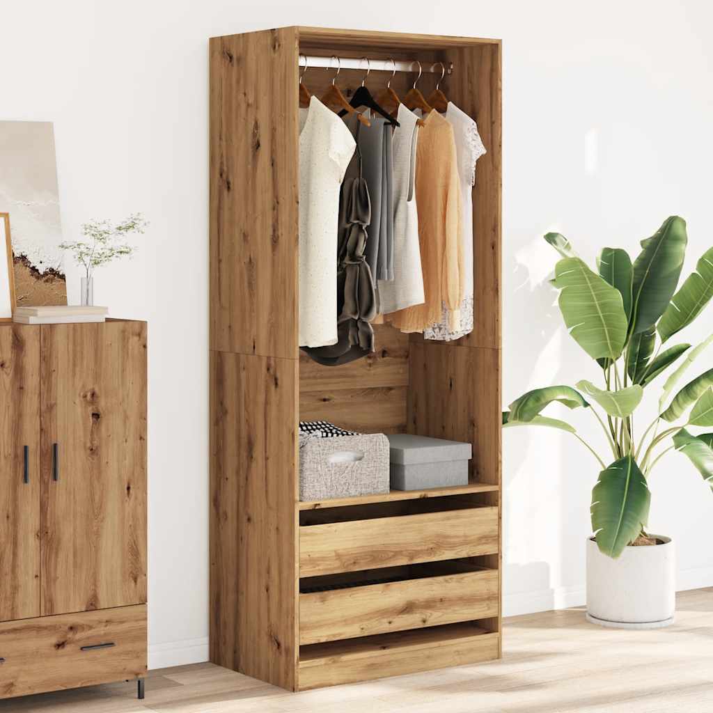 Modern Wooden 80cm Open Tall Bedroom Wardrobe With 2 Drawers Hanging Rail