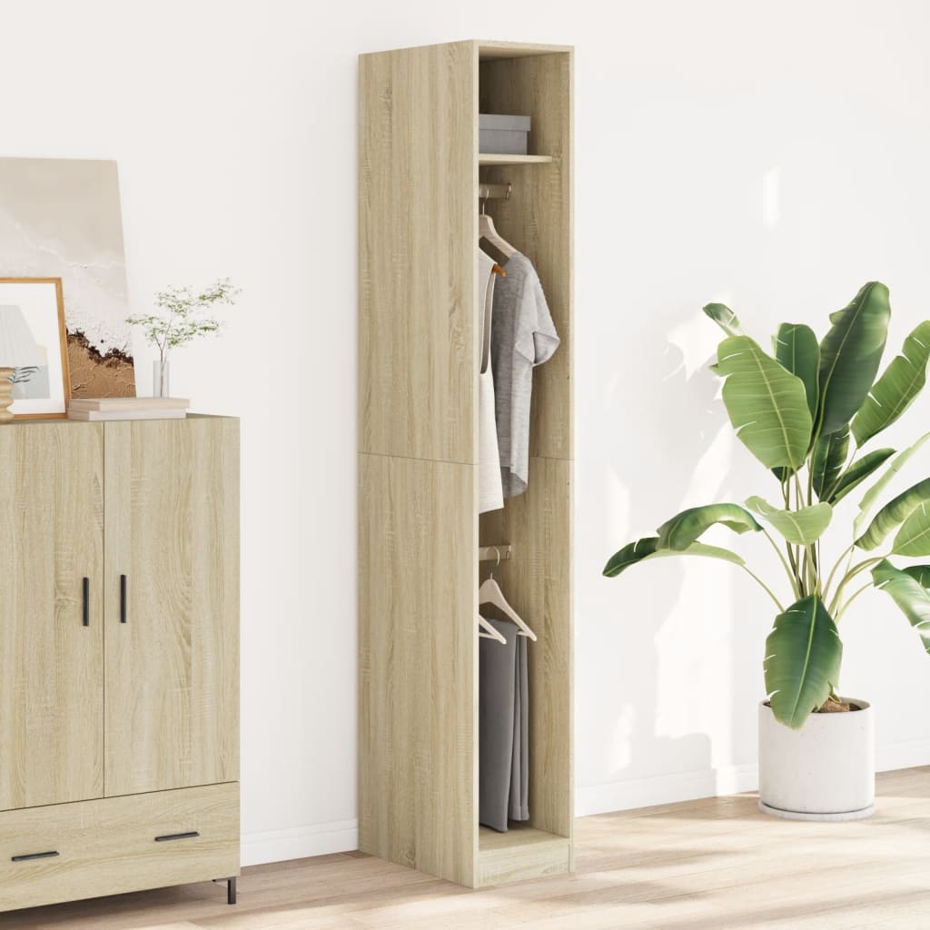 Modern Wooden Narrow Open Bedroom Wardrobe With Shelves & Hanging Clothes Rails