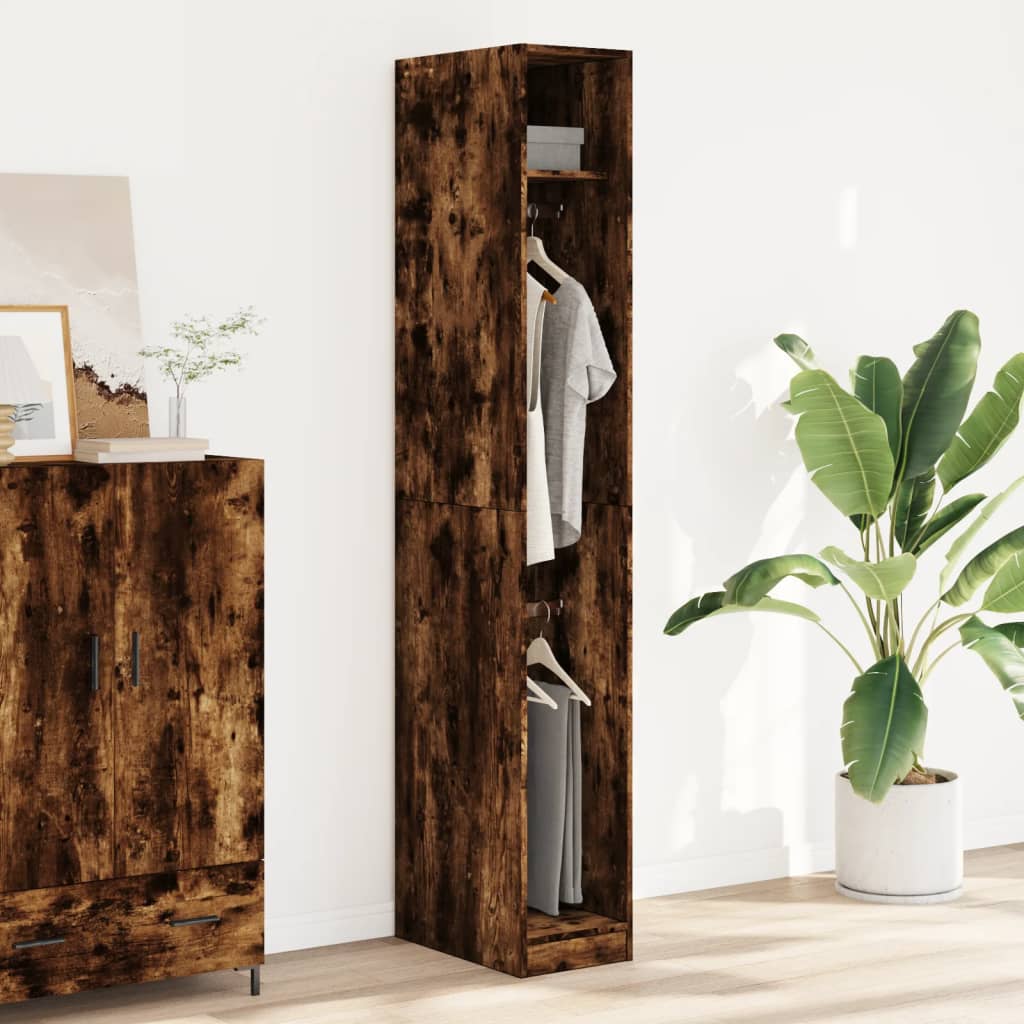 Modern Wooden Narrow Open Bedroom Wardrobe With Shelves & Hanging Clothes Rails