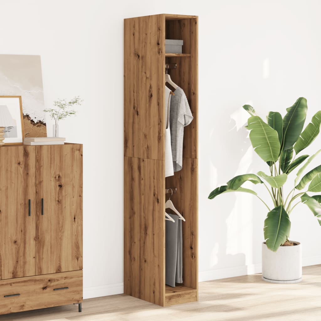 Modern Wooden Narrow Open Bedroom Wardrobe With Shelves & Hanging Clothes Rails