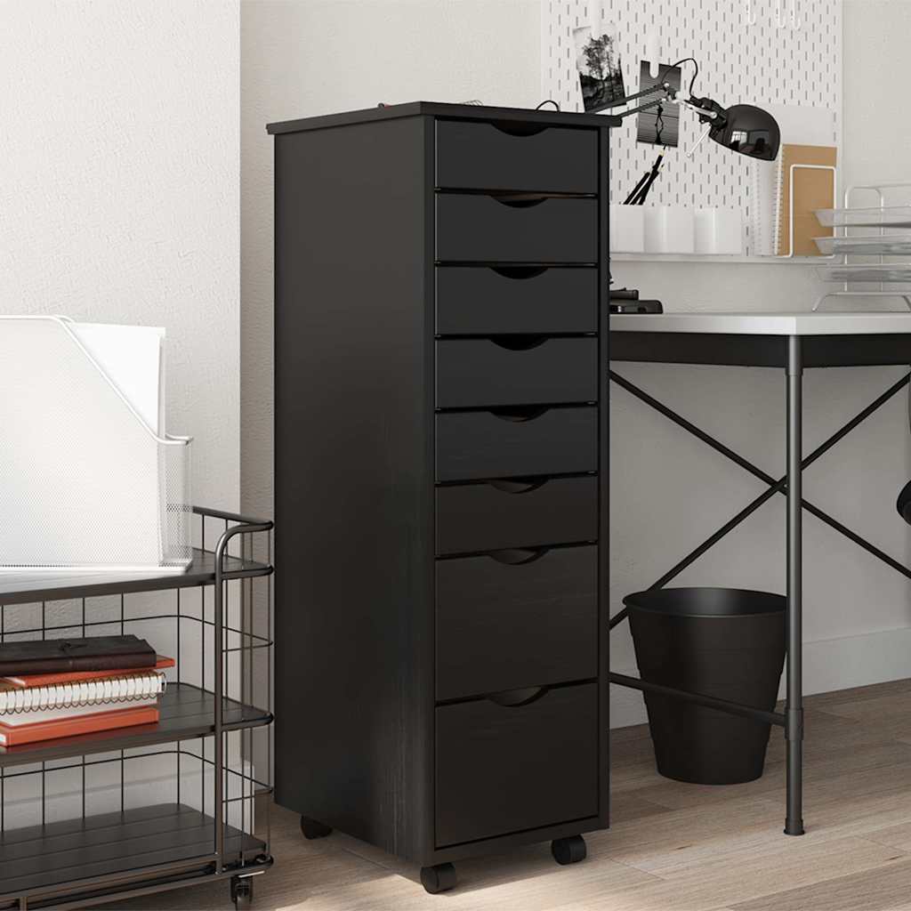 Rolling Cabinet with Drawers MOSS Black Solid Wood Pine