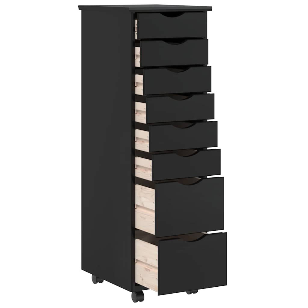 Rolling Cabinet with Drawers MOSS Black Solid Wood Pine
