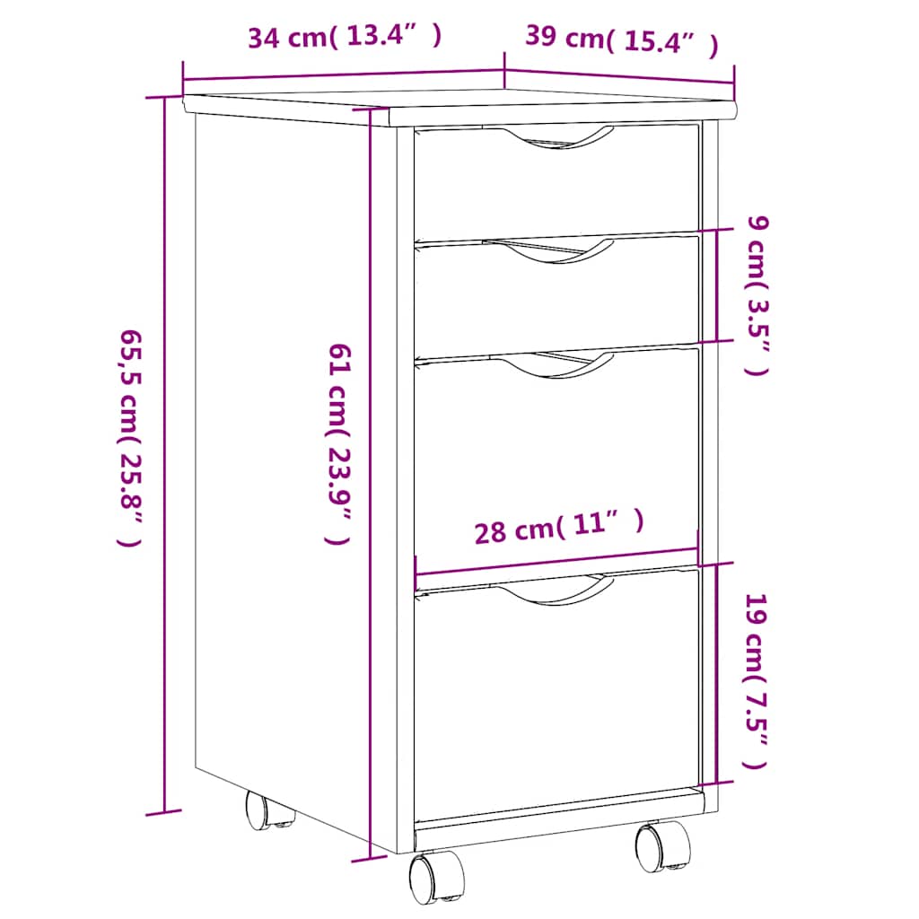 Rolling Cabinet with Drawers MOSS Black Solid Wood Pine