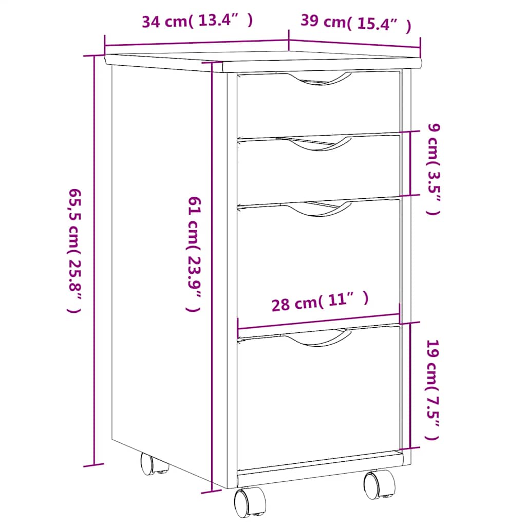 Rolling Cabinet with Drawers MOSS Honey Brown Solid Wood Pine