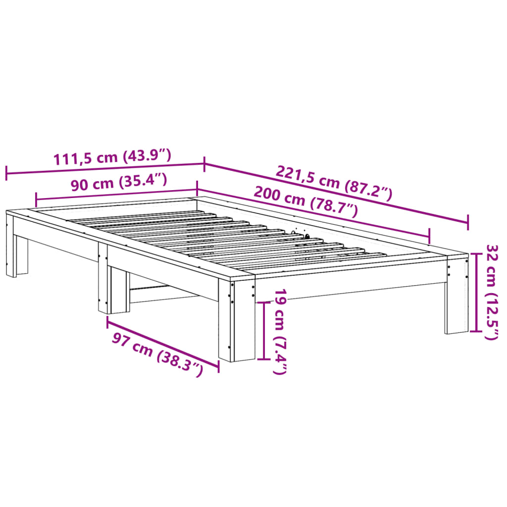 Bed Frame without Mattress Wax Brown 90x200 cm Solid Wood Pine