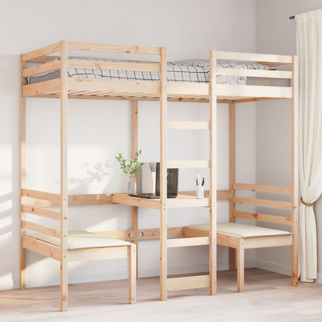 Loft Bed Frame with Desk and Chairs 80x200cm Solid Wood Pine