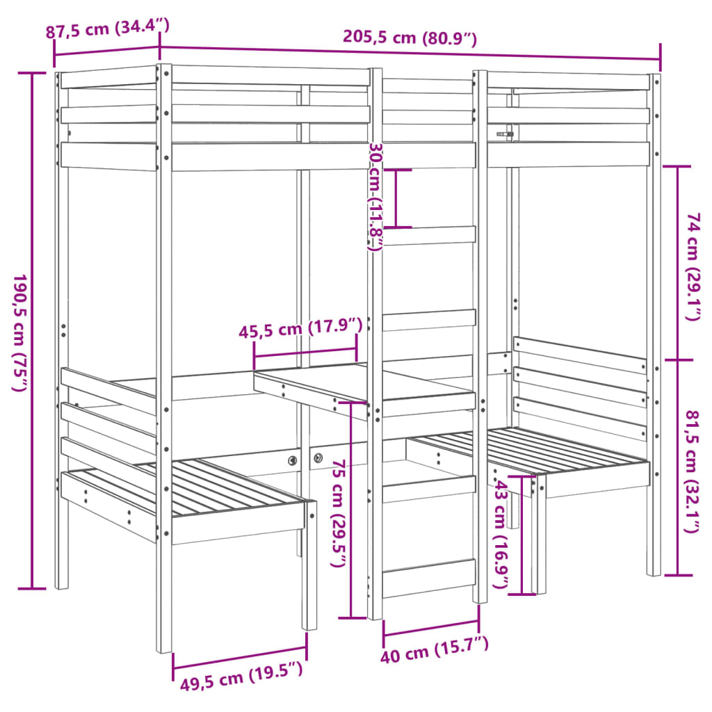 Loft Bed Frame with Desk and Chairs White 80x200cm Solid Wood Pine