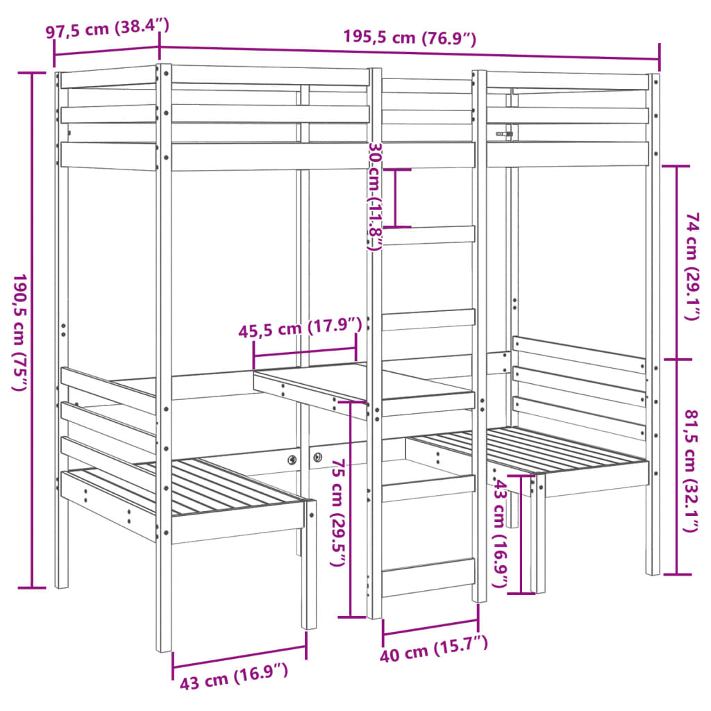 Loft Bed Frame with Desk and Chairs 90x190cm Solid Wood Pine