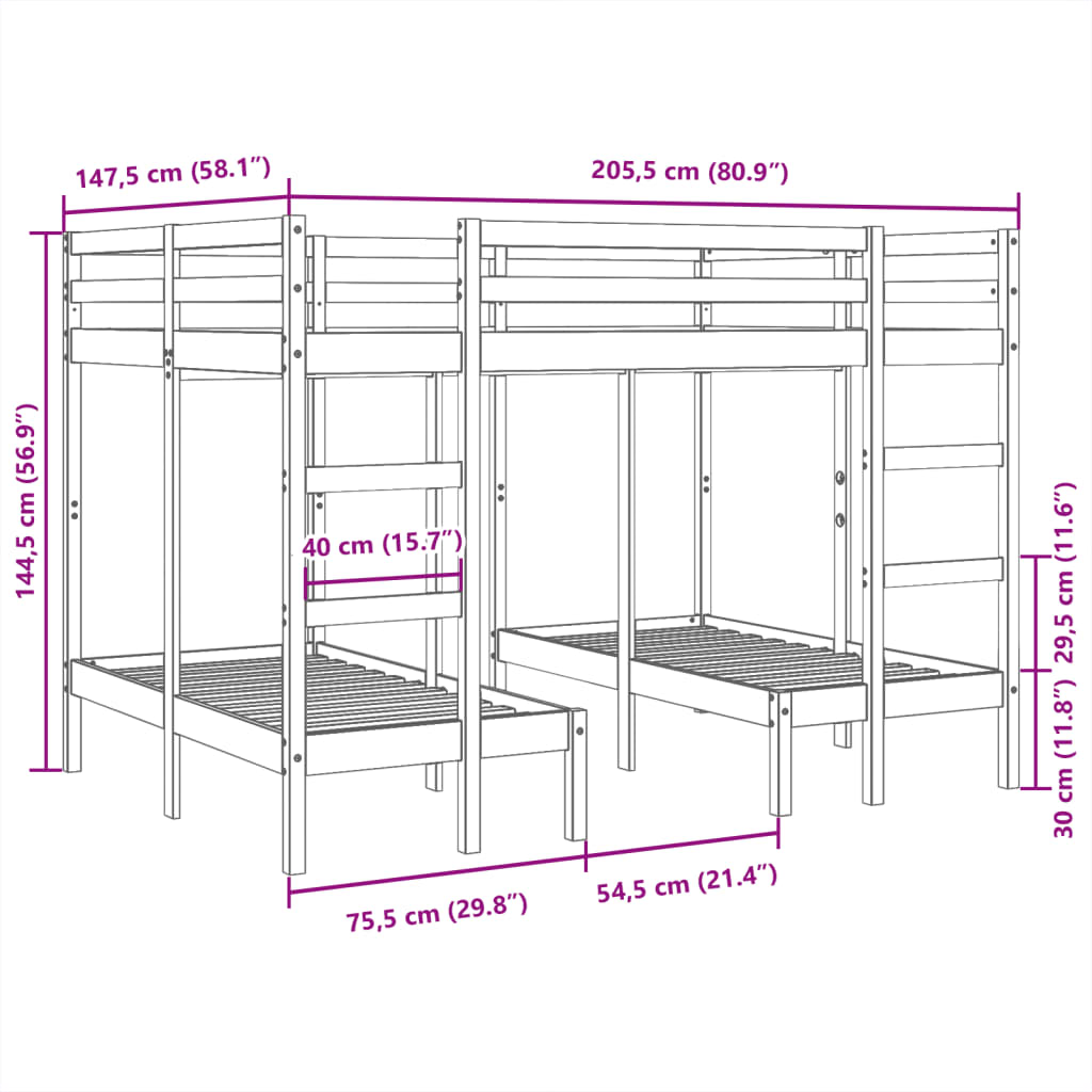 Triple Bunk Bed Frame White 140x200/70x140 cm Solid Wood Pine