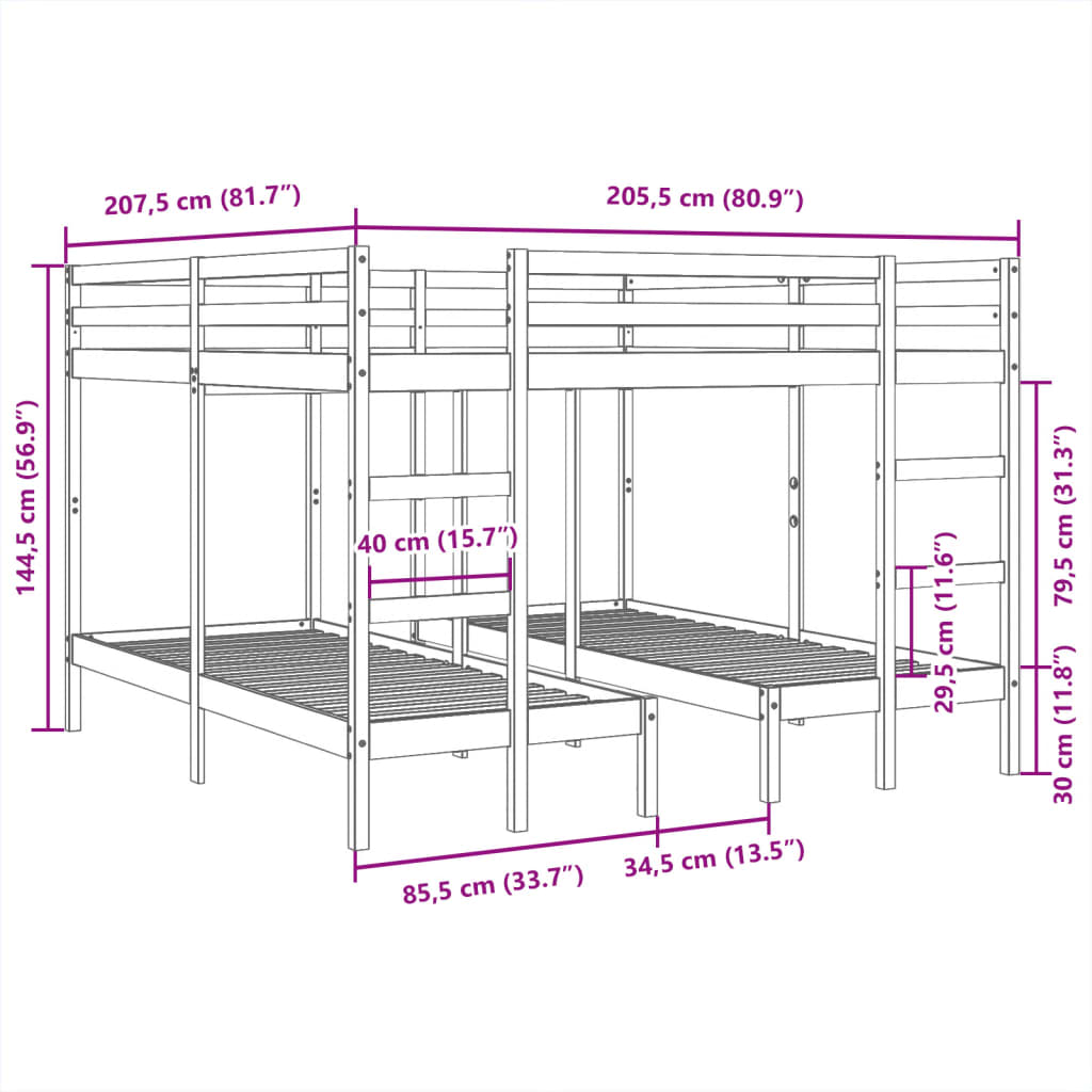 Triple Bunk Bed Frame 200x200/80x200 cm Solid Wood Pine