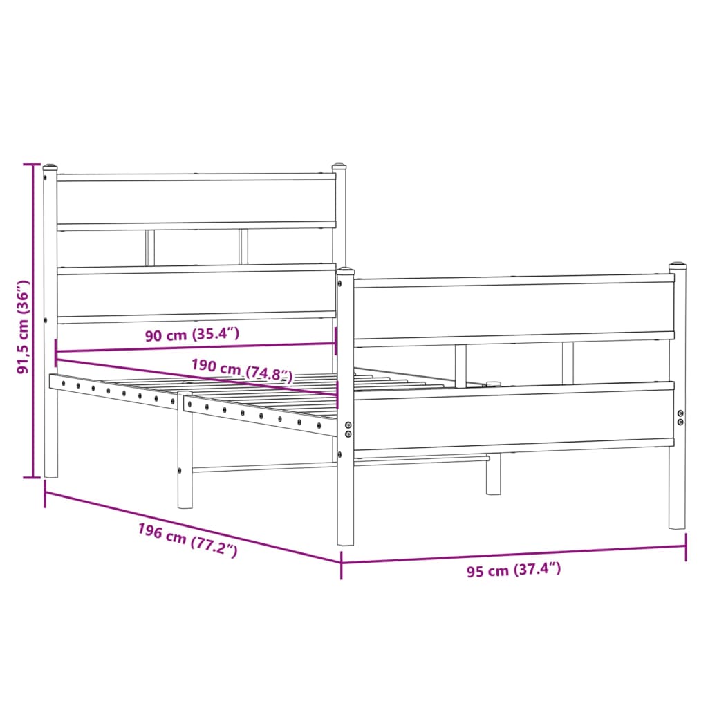Industrial Wooden Single Size 90cm Bed Frame Base With Headboard & Footboard