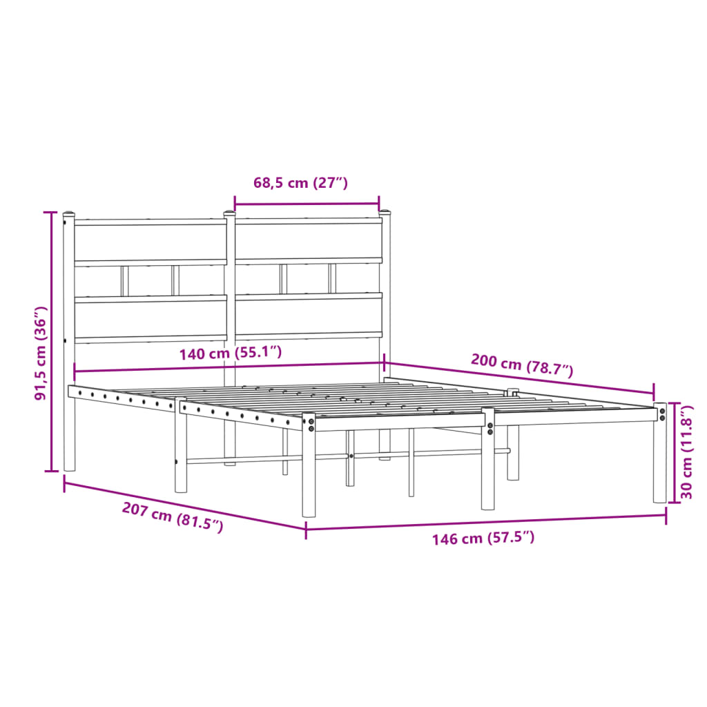 Metal Bed Frame without Mattress Sonoma Oak 140x200 cm