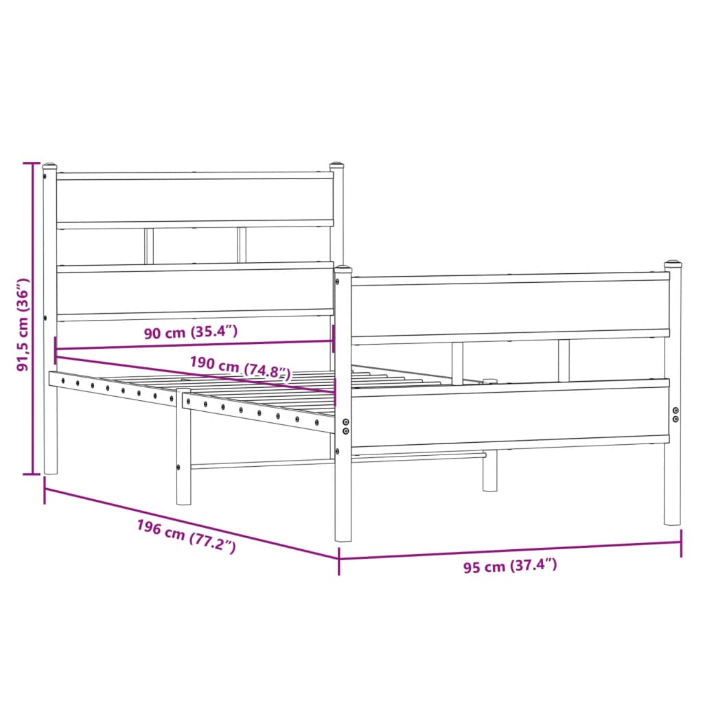 Industrial Wooden Single Size 90cm Bed Frame Base With Headboard & Footboard