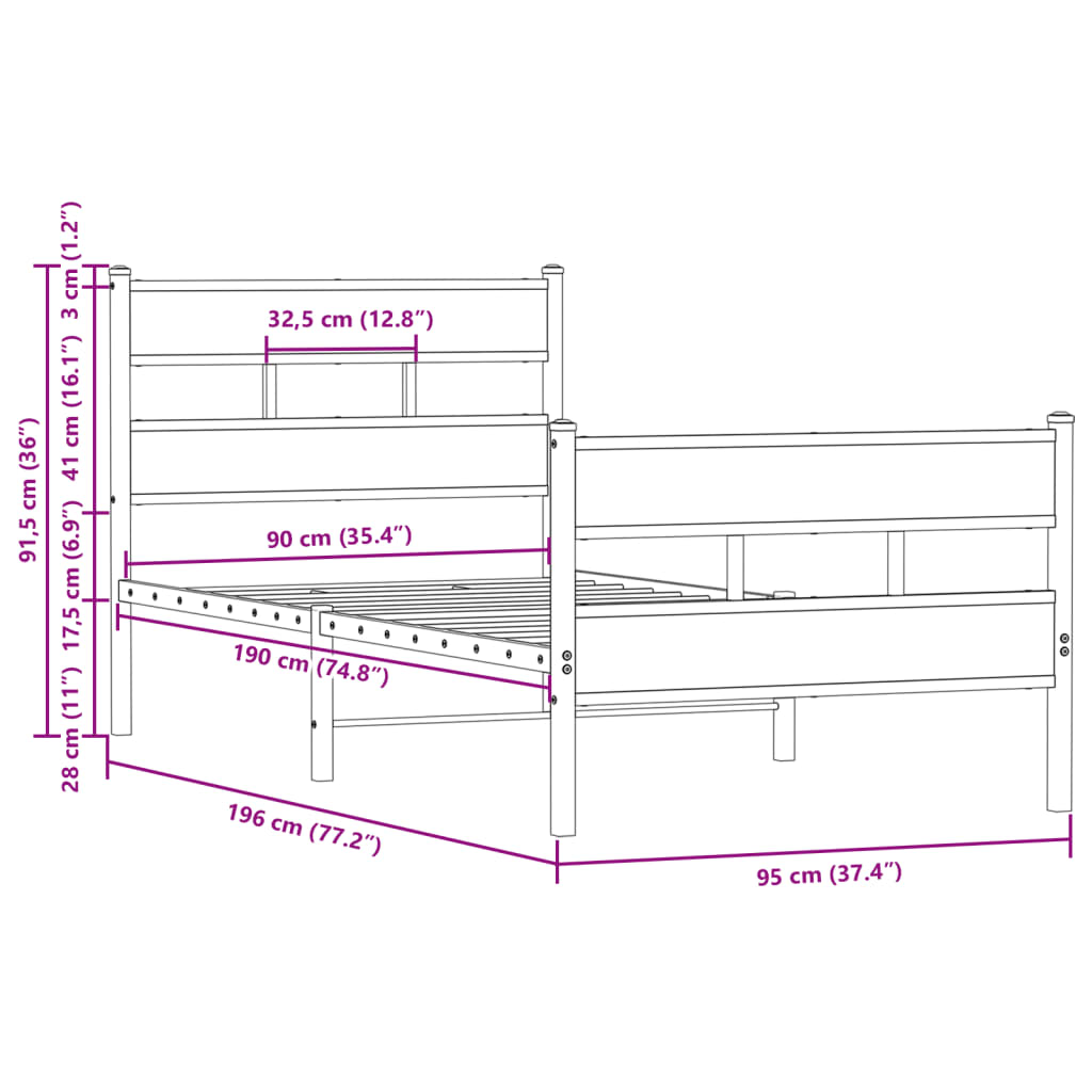 Industrial Wooden Single Size 90cm Bed Frame Base With Headboard & Footboard