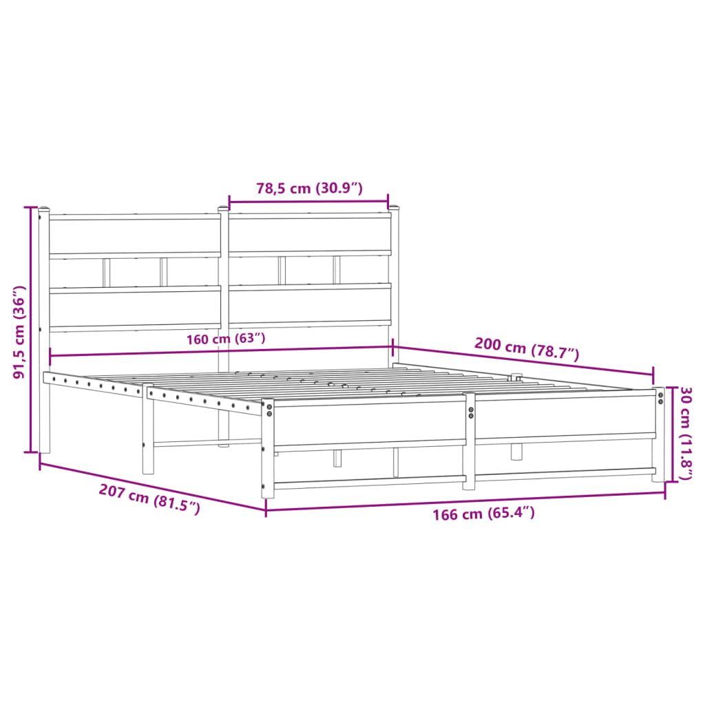 Metal Bed Frame without Mattress Sonoma Oak 160x200 cm