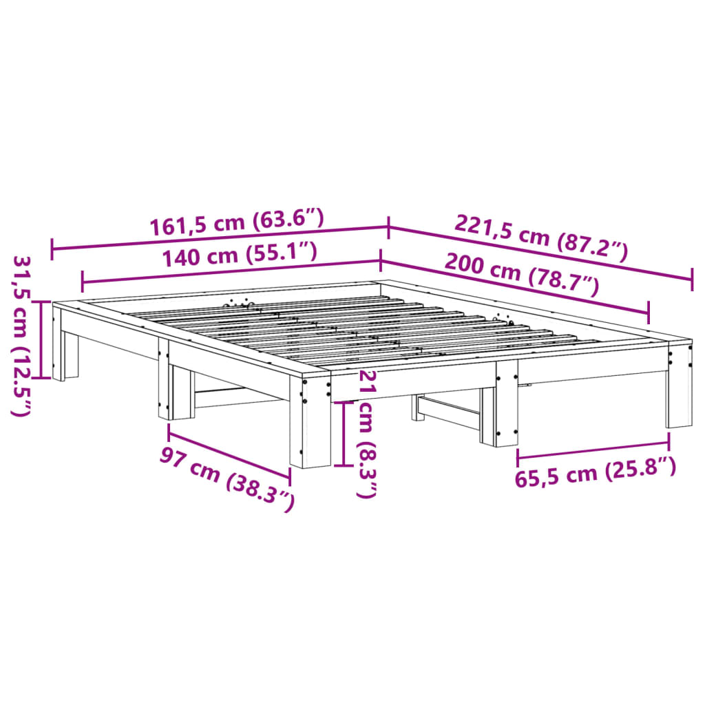 Bed Frame without Mattress Wax Brown 140x200 cm Solid Wood Pine