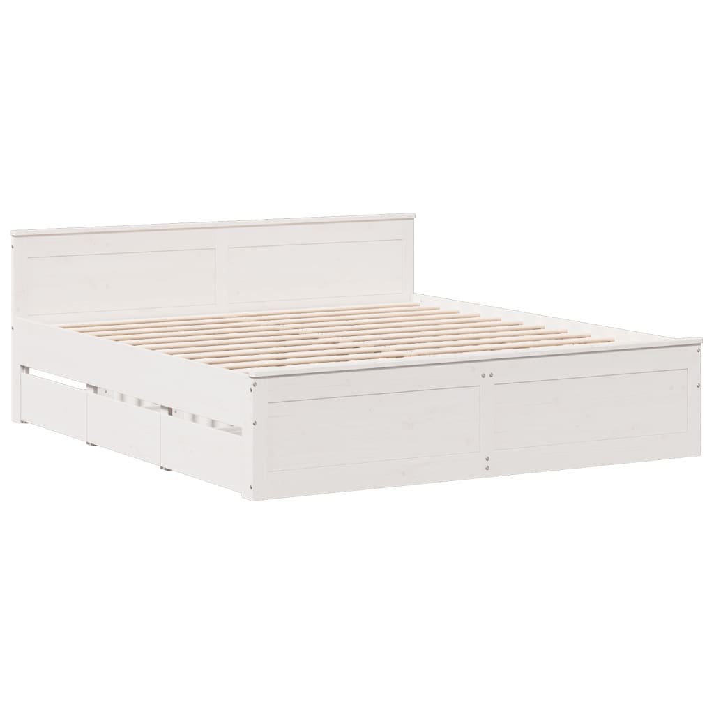 Rustic Wooden Emperor Size 2m Bed Frame Base With Drawers & Headboard