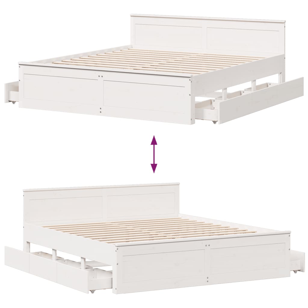 Rustic Wooden Emperor Size 2m Bed Frame Base With Drawers & Headboard