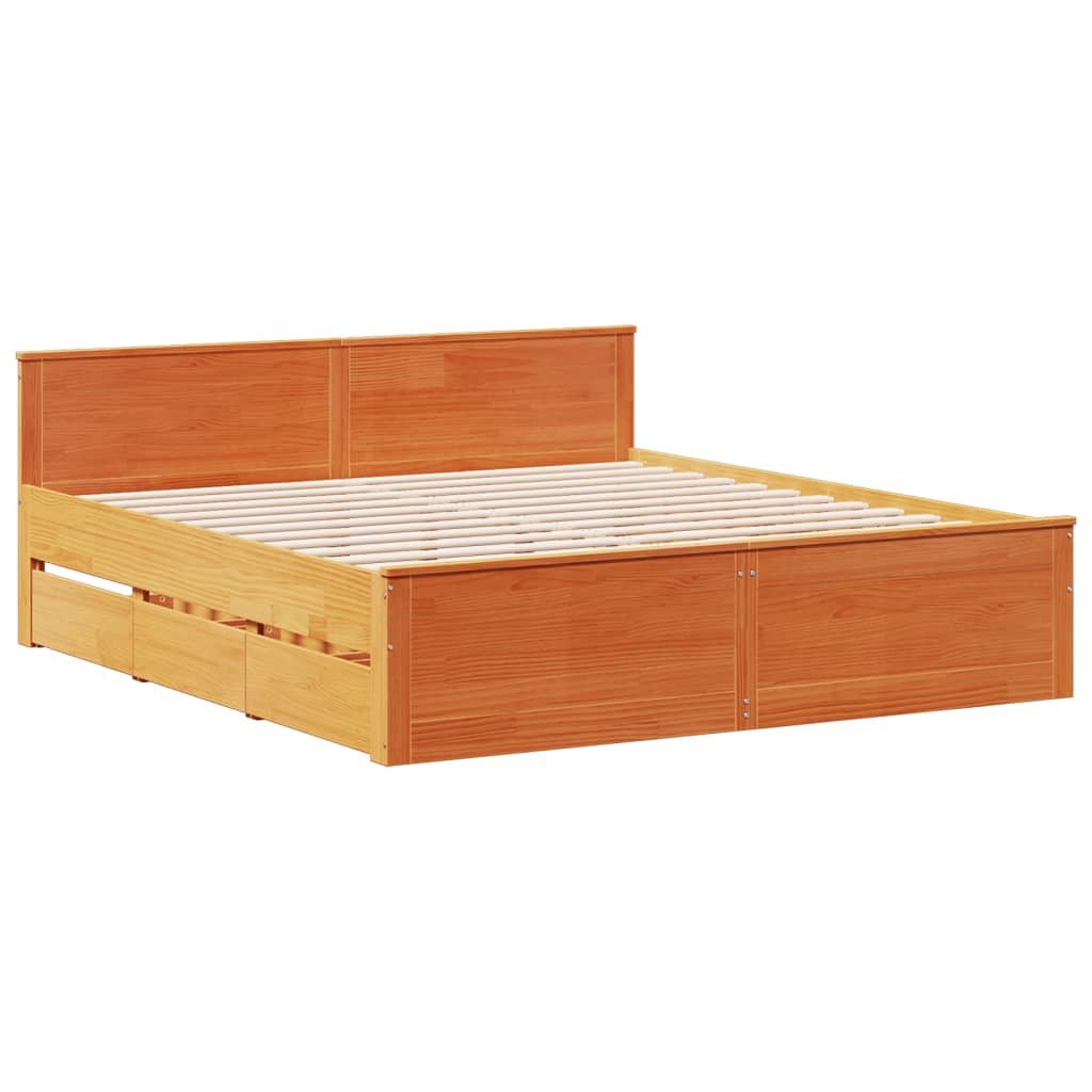 Rustic Wooden Emperor Size 2m Bed Frame Base With Drawers & Headboard
