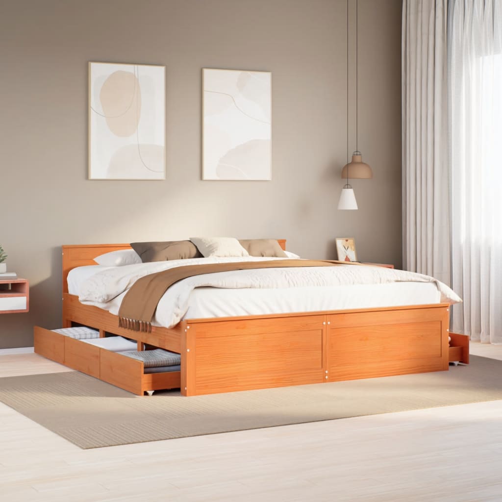 Rustic Wooden Emperor Size 2m Bed Frame Base With Drawers & Headboard
