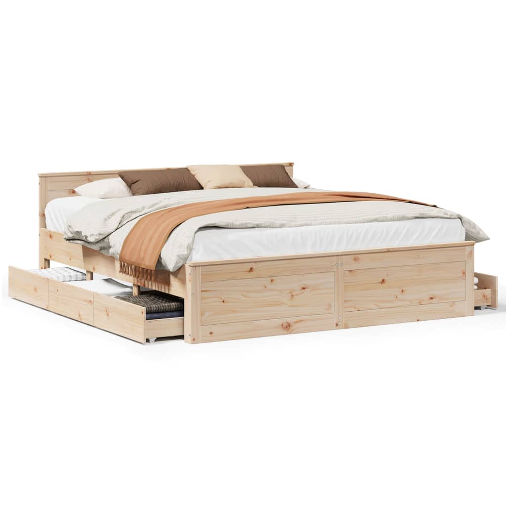 Rustic Wooden Super King Size 180cm Bed Frame Base With Drawers & Headboard