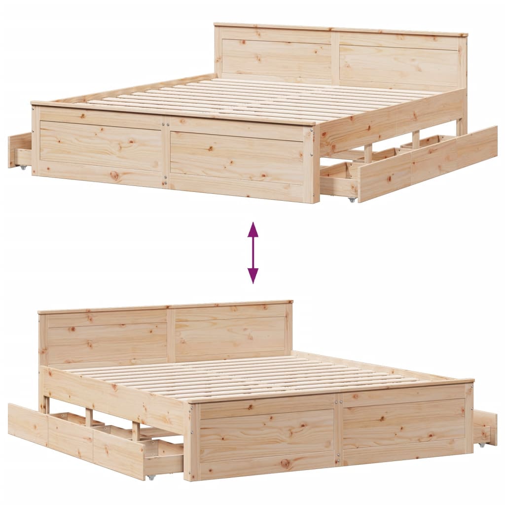 Rustic Wooden Super King Size 180cm Bed Frame Base With Drawers & Headboard