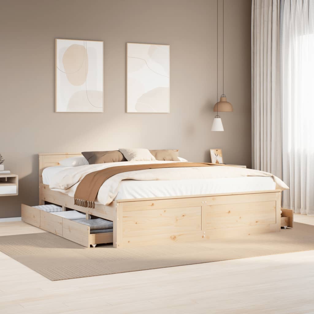 Rustic Wooden Super King Size 180cm Bed Frame Base With Drawers & Headboard