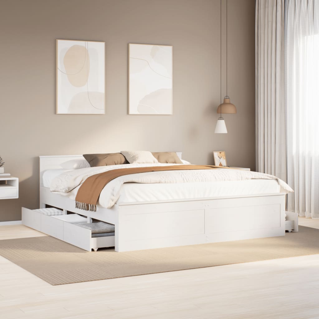 Rustic Wooden Super King Size 180cm Bed Frame Base With Drawers & Headboard
