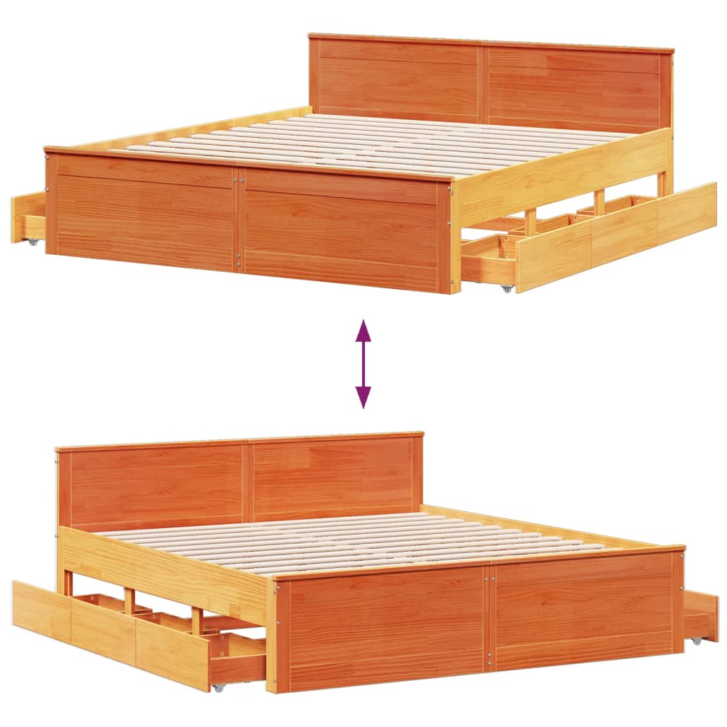 Rustic Wooden Super King Size 180cm Bed Frame Base With Drawers & Headboard
