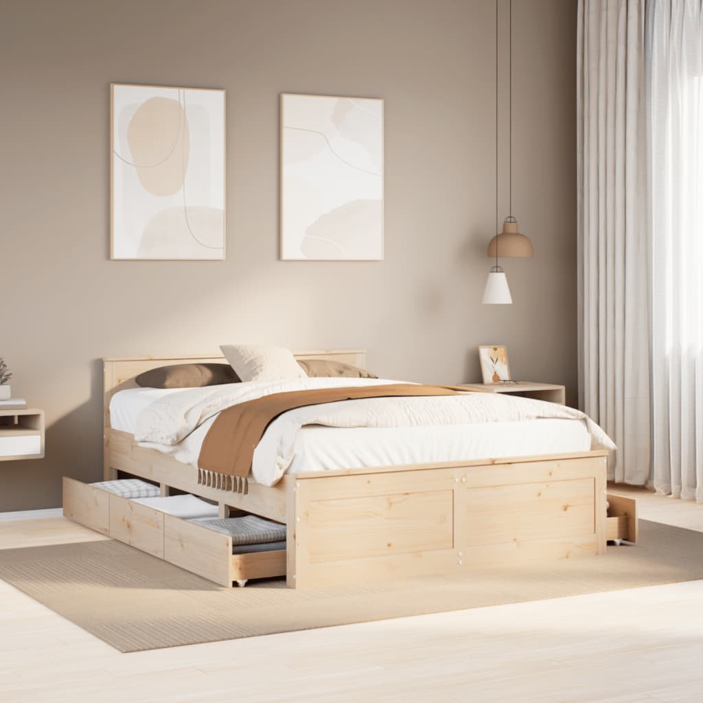Rustic Wooden Queen Size 160cm Bed Frame Base With Storage Drawers & Headboard