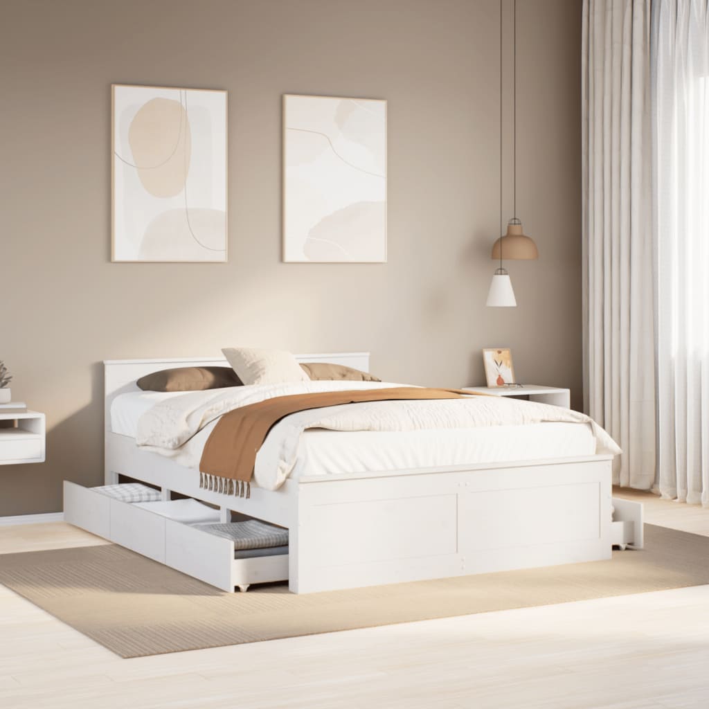 Rustic Wooden Queen Size 160cm Bed Frame Base With Storage Drawers & Headboard