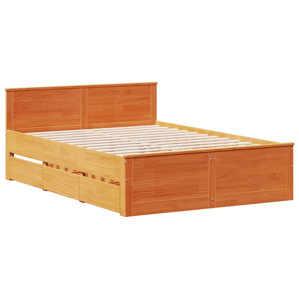 Rustic Wooden Queen Size 160cm Bed Frame Base With Storage Drawers & Headboard