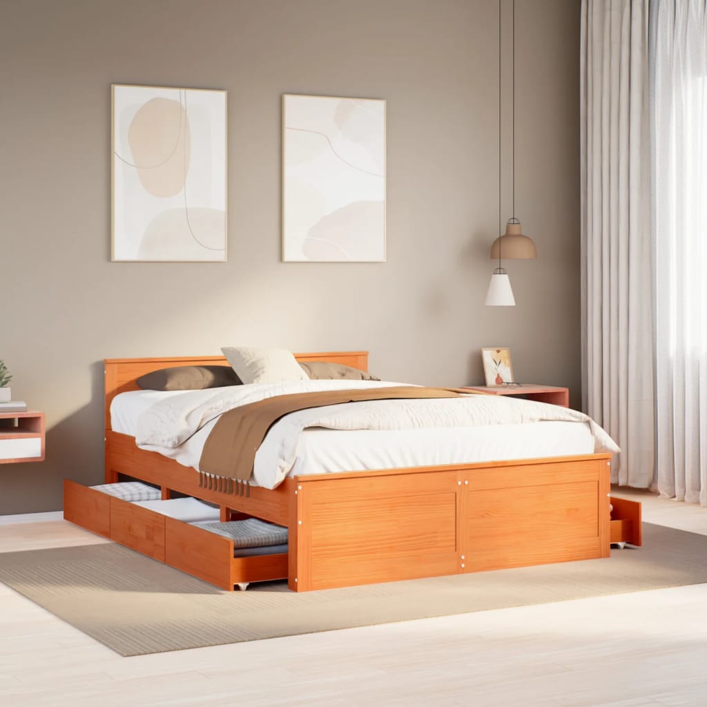 Rustic Wooden Queen Size 160cm Bed Frame Base With Storage Drawers & Headboard