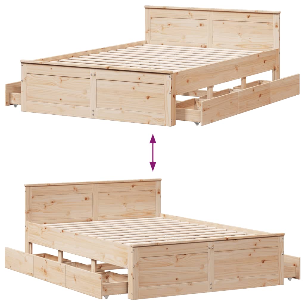 Rustic Wooden King Size 150cm Bed Frame Base With Storage Drawers & Headboard
