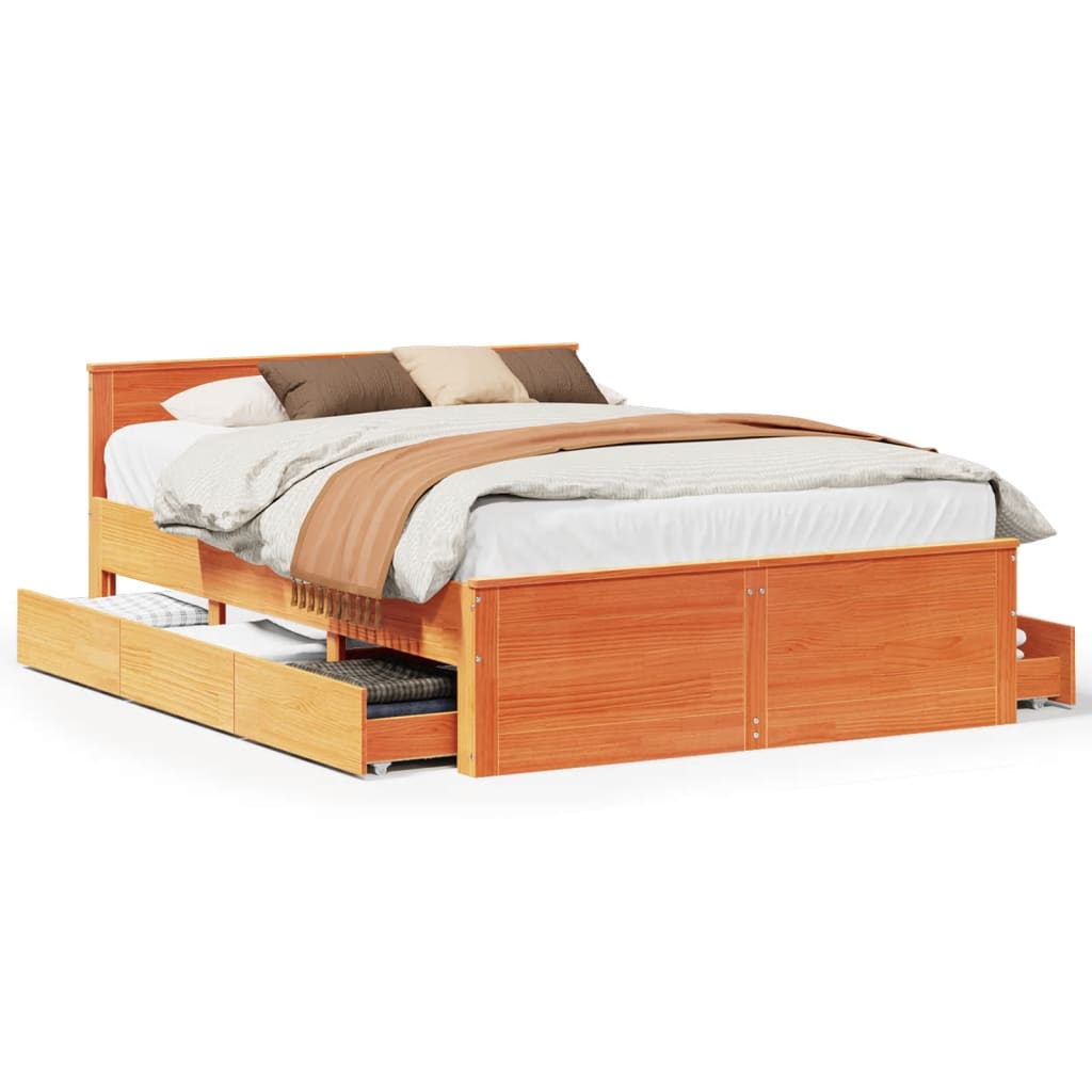 Rustic Wooden King Size 150cm Bed Frame Base With Storage Drawers & Headboard