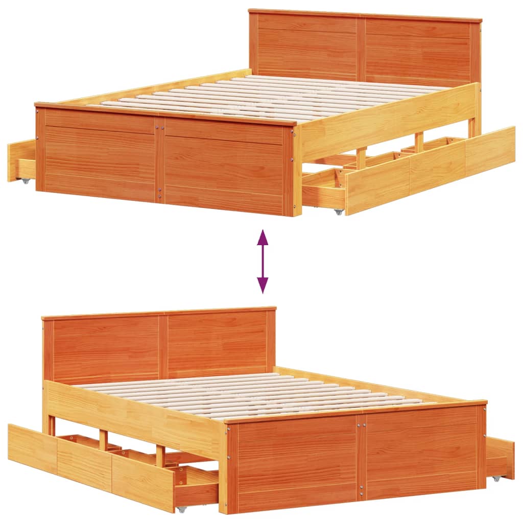 Rustic Wooden King Size 150cm Bed Frame Base With Storage Drawers & Headboard