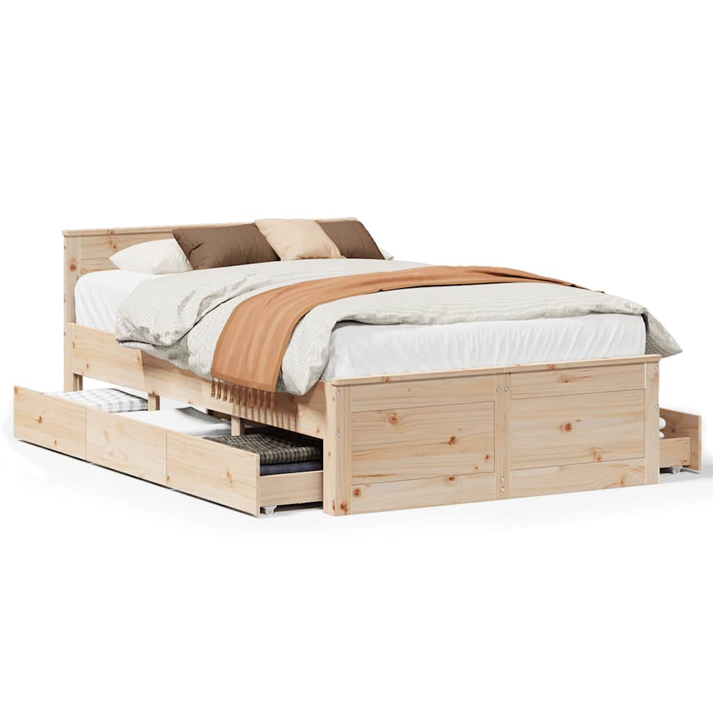 Rustic Wooden Double Size 135cm Bed Frame Base With Drawers & Headboard