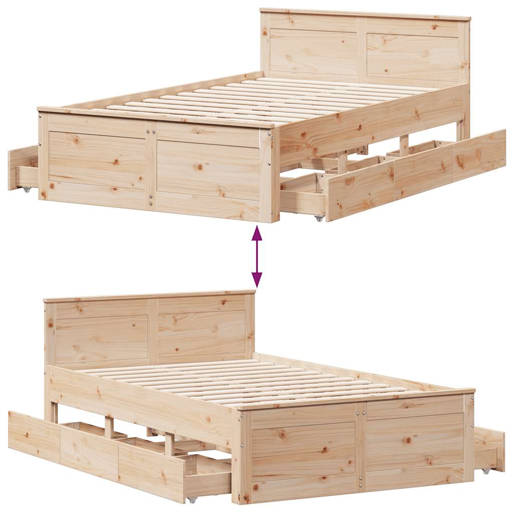 Rustic Wooden Double Size 135cm Bed Frame Base With Drawers & Headboard