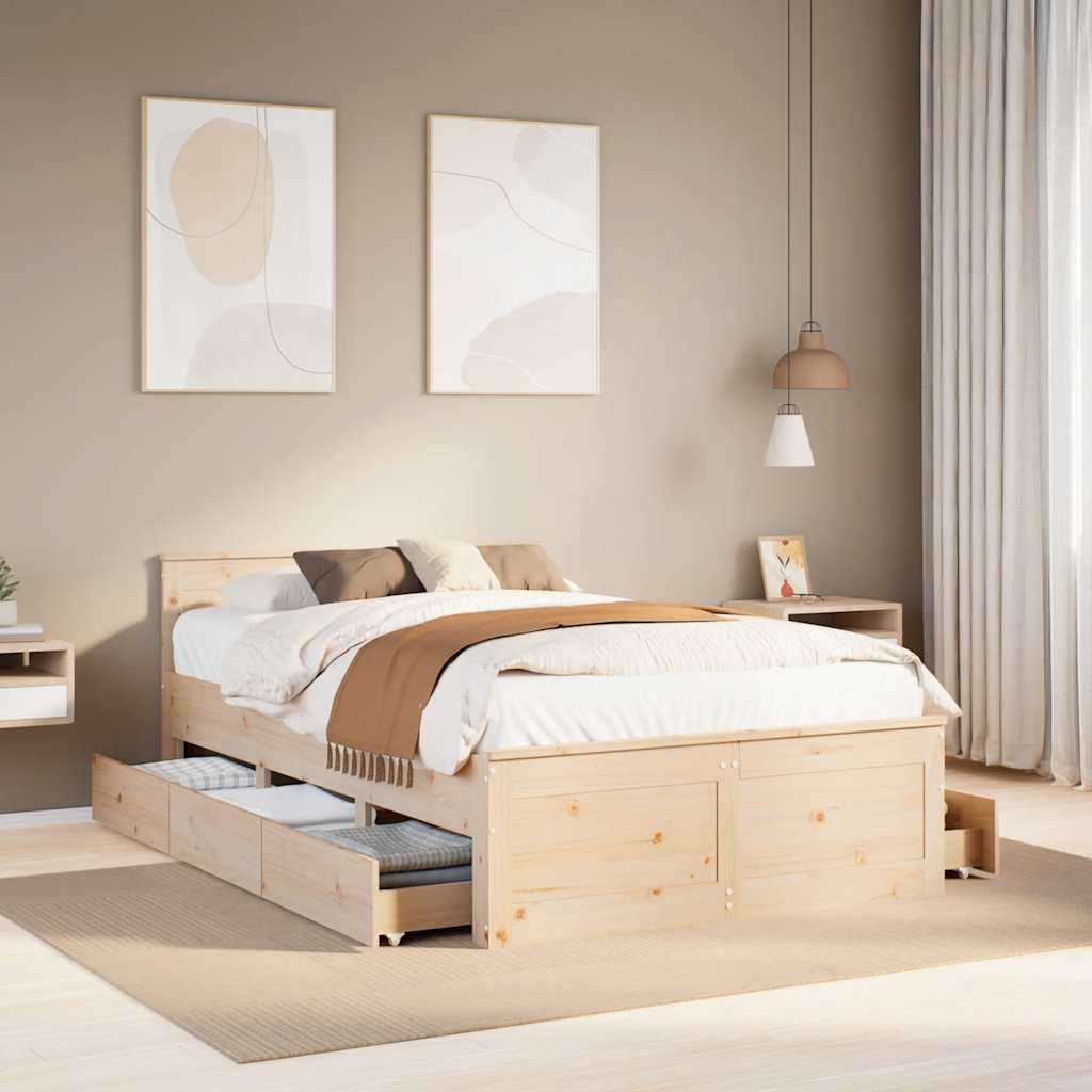 Rustic Wooden Double Size 135cm Bed Frame Base With Drawers & Headboard