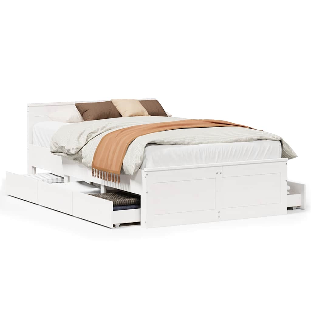 Rustic Wooden Double Size 135cm Bed Frame Base With Drawers & Headboard