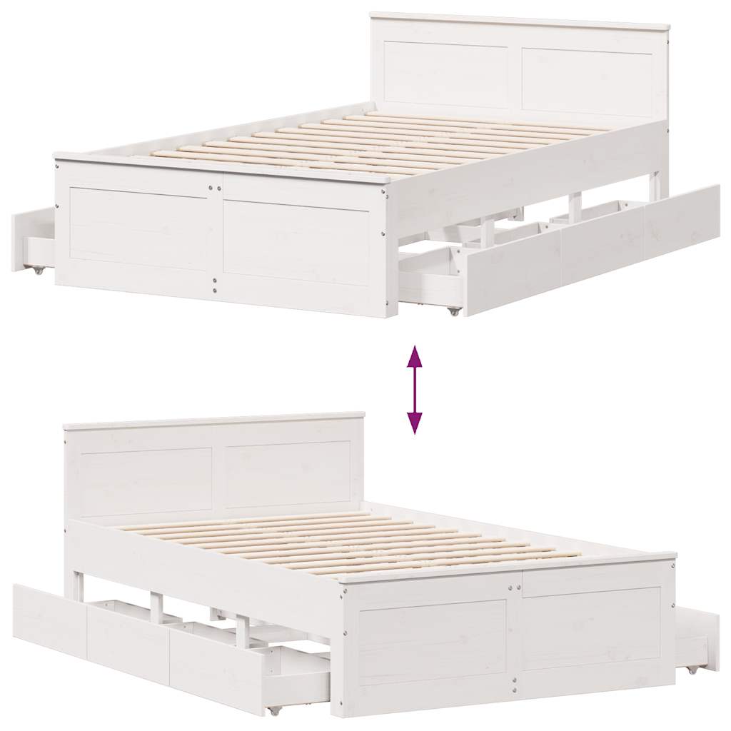 Rustic Wooden Double Size 135cm Bed Frame Base With Drawers & Headboard