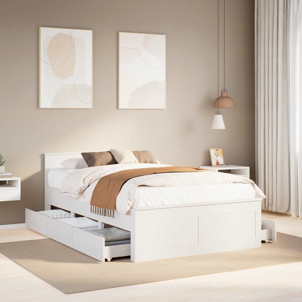 Rustic Wooden Double Size 135cm Bed Frame Base With Drawers & Headboard