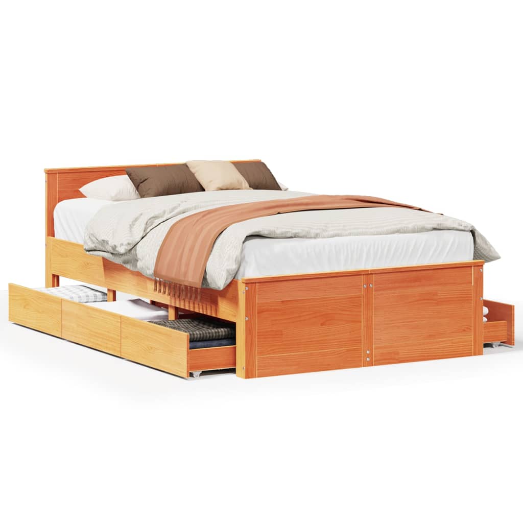 Rustic Wooden Double Size 135cm Bed Frame Base With Drawers & Headboard