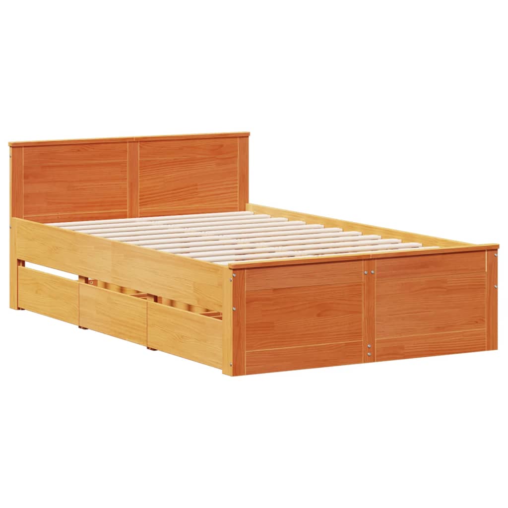 Rustic Wooden Double Size 135cm Bed Frame Base With Drawers & Headboard