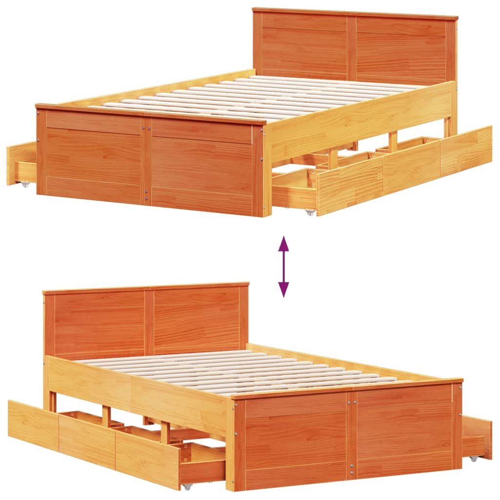Rustic Wooden Double Size 135cm Bed Frame Base With Drawers & Headboard