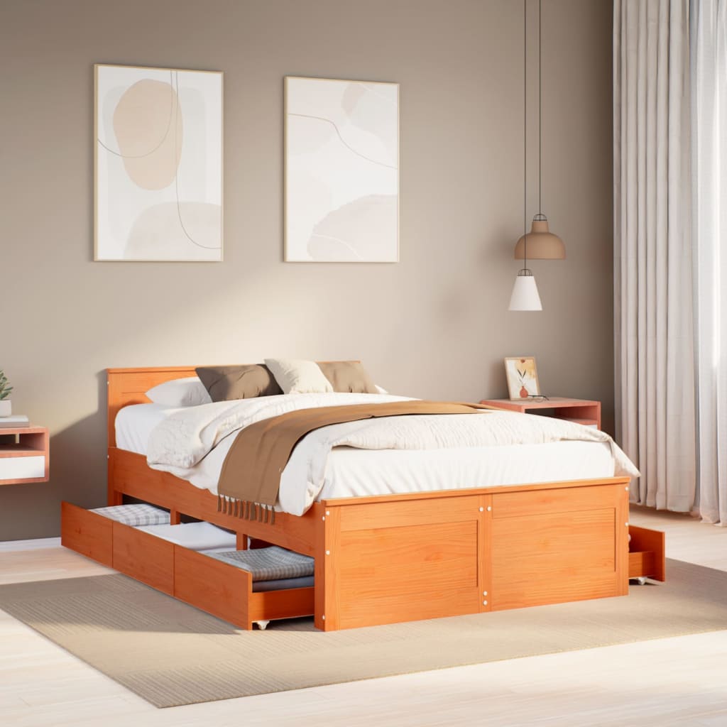 Rustic Wooden Double Size 135cm Bed Frame Base With Drawers & Headboard