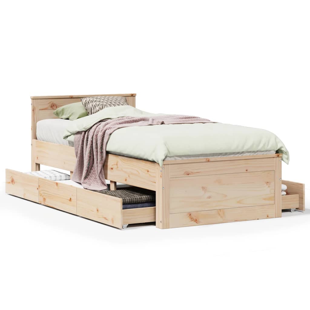 Rustic Wooden Single Size 90cm Bed Frame Base With Storage Drawers & Headboard