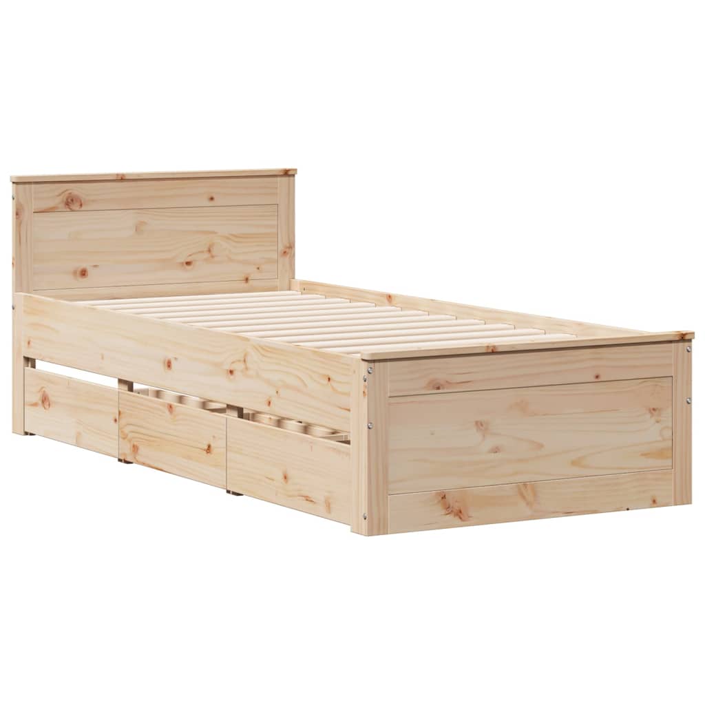 Rustic Wooden Single Size 90cm Bed Frame Base With Storage Drawers & Headboard