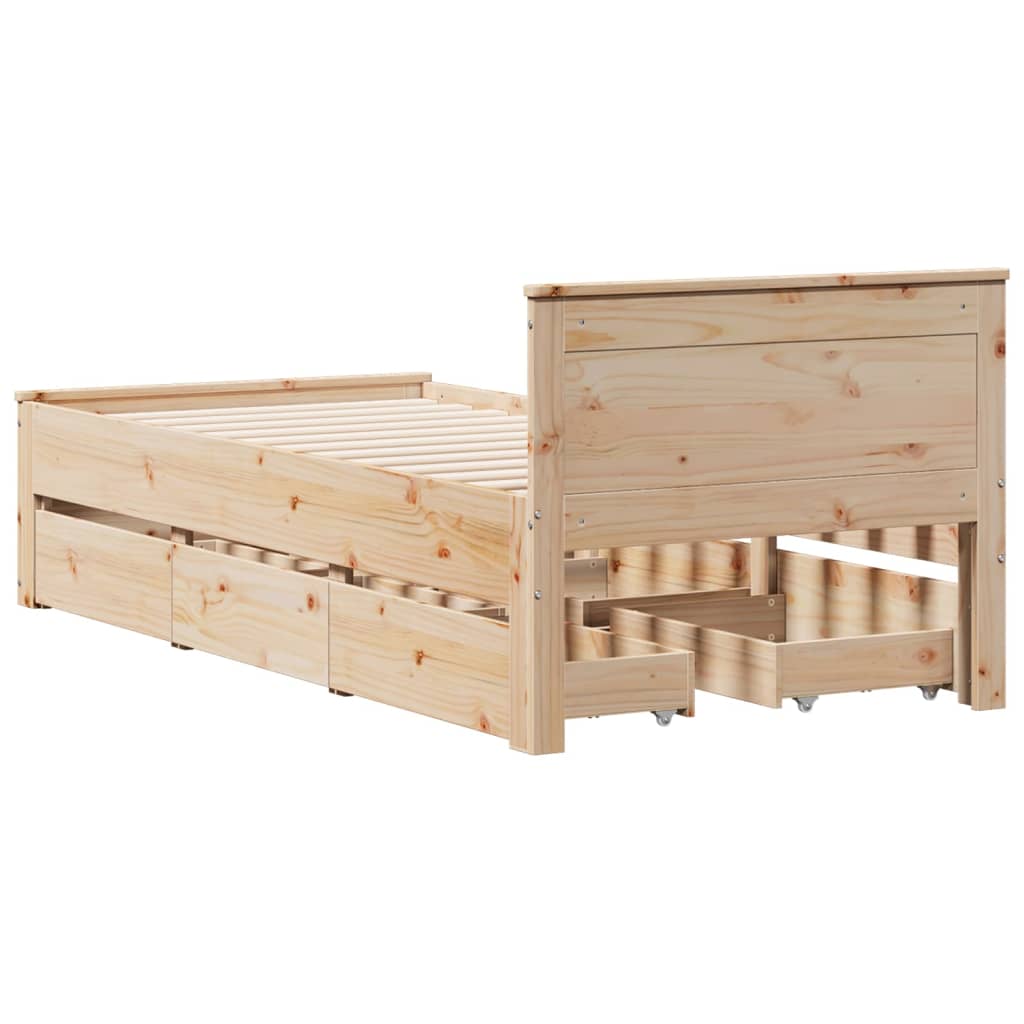 Rustic Wooden Single Size 90cm Bed Frame Base With Storage Drawers & Headboard